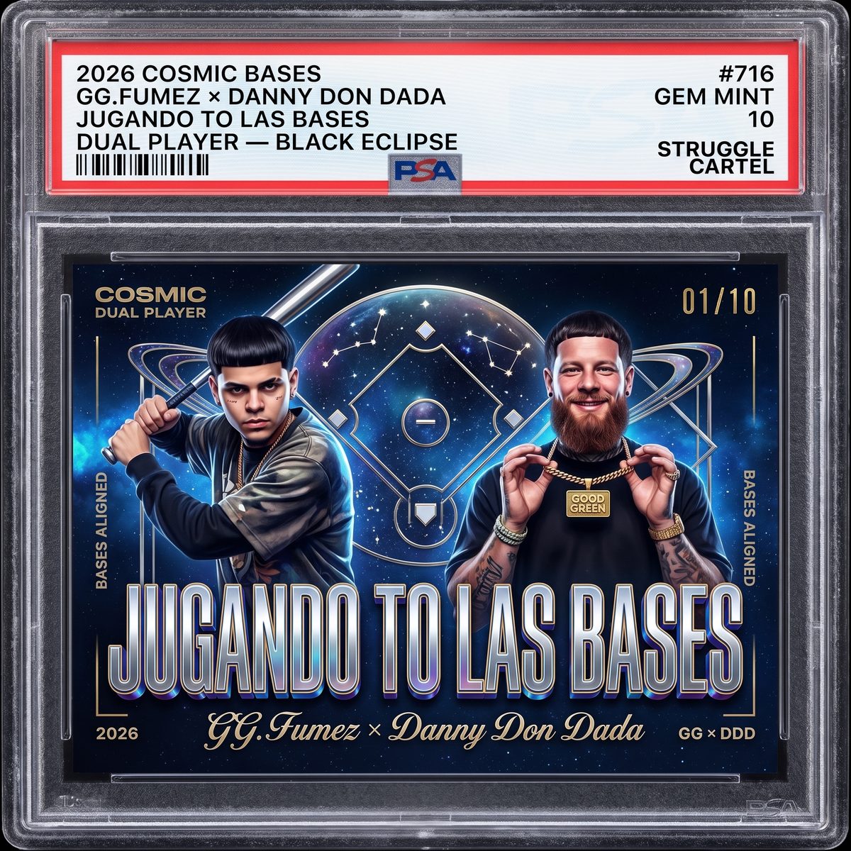 Graded trading-card artwork for “Jugando To Las Bases” — GG.Fumez at bat and Danny Don Dada holding a Good Green chain, on a cosmic baseball diamond